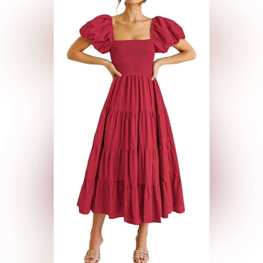 Red Puff Sleeve Midi Dress Size Med Used Once PERFECT CONDITION